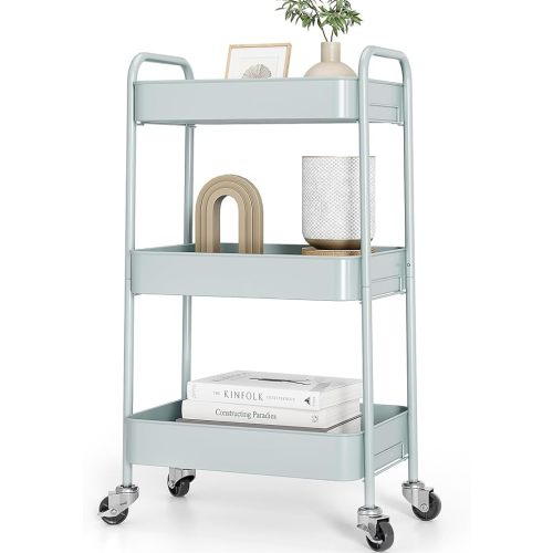TOOLF 3-Tier Rolling Cart, Easy Assembly Metal Utility Cart with Lockable Wheels, Storage Craft Art Cart Trolley Organizer Serving Cart for Office, Bathroom, Kitchen, Kids' Room, Green