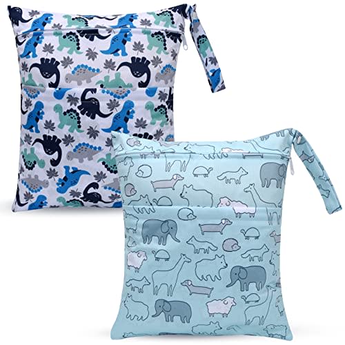 eaxin 2pcs Cloth Diaper Wet Dry Bags Waterproof Reusable with Two Zippered Pockets Travel Beach Pool Daycare Soiled Baby Items Yoga Gym Bag for Swimsuits or Wet Clothes-Cute Animal,Dinosaur