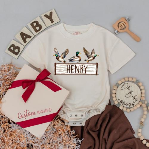 Personalized Mallard Duck Hunting Romper - Baby Boy Outfit, First Birthday Clothes, Newborn Bodysuit, Duck Lover Gift