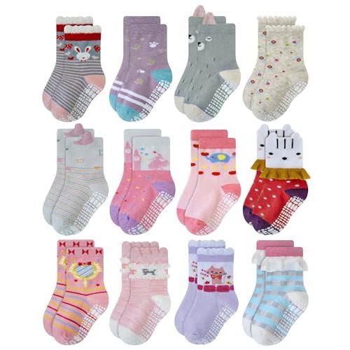 RATIVE Non Skid Anti Slip Cotton Dress Crew Socks With Grips For Baby Infant Toddler Kids Girls