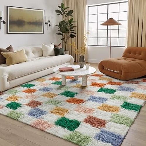 Checkered Rug 5x7 for Living Room, Modern Neutral Shag Rug Super Soft Washable Indoor Fuzzy Carpet Non-Slip Fluffy Rugs for Bedroom Home Aesthetic Decor
