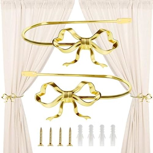 2 Pack Gold Bow Curtain Holdbacks, Metal Wall Mounted Curtain Holders for Wall Modern Bow Curtains Tiebacks Decorative Window Drapery for Living Room Bedroom Office Home Decor