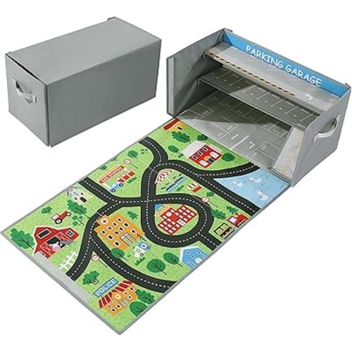 HOMBYS Parking Garage for Toy Cars with Play Mat,Toy Car Garage with Car Mat for Kids Toy Cars,Collapsible Toy Storage Car Storage Bin,Grey Toy Car Garage with Toy Car Rugs,Small(Not Included Cars)