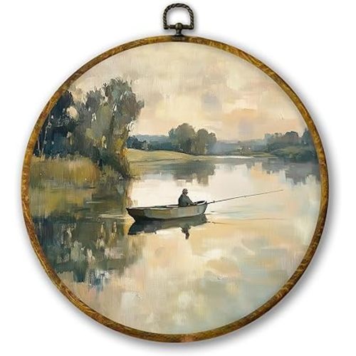Mcehtle Vintage Rustic Fishing Wall Art Decor, Retro Farmhouse Fishing Man Framed Canvas Prints 10x10, Country Scenery Round Wall Hanging Artwork Decorations for Home Bedroom Living Room