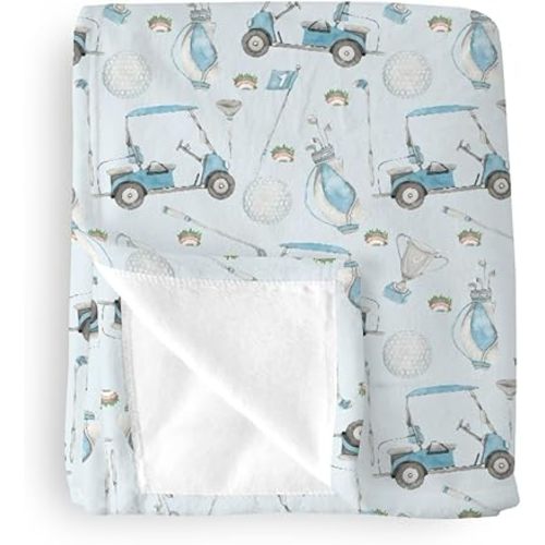 Baby Boys Blankets Golf Gear Sport, Watercolor Blue Ball Glove Car Stick Soft Lightweight Nursery Receiving Swaddle, Flannel Newborn Infant Toddler Crib Bedding Kids Gift 30 x 40 in