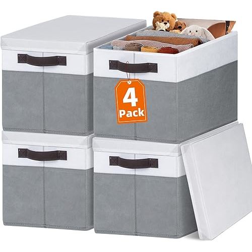 Criusia Large Storage Baskets Bins with Lids 4 Pack, Storage Baskets for Organizing Shelves Nursery Bedroom, Home Closet Organizers Cubes for Clothes Toys Blanket - Stackable & Sturdy -14x10x9.5