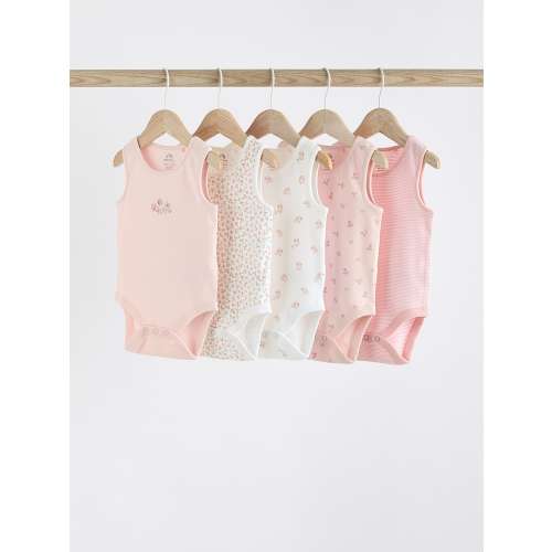 Pink Bunny Baby 100% Cotton Vests 5 Pack