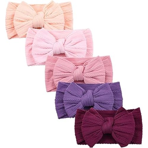 Cinaci 5 Pieces Soft Stretchy Baby Girl Wide Headbands with Bow Headwraps Hair Bows Bands Accessories for Baby Boys Girls Newborns Infants Toddlers