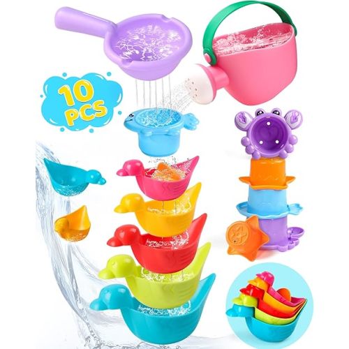 Toddler Bath Toys for Kids Ages 1-3 10 PCS Baby Bath Toys Mold Free with Multi Color & Shape Stacking Cups Bathtub Sand Pool Water Toys for 1 2 3 4 5 6 Birthday Gifts