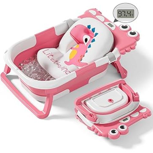 Collapsible Baby Bathtub for Newborn, Foldable Baby Bath Tub with Thermometer & Soft Floating Cushion & Drain Hole, Portable Travel Infant Bath Tubs for Newborns to Toddler 0-36 Months Girl, Pink