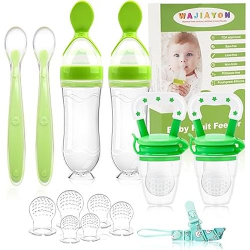 WAJIAYON Baby Fruit Feeder Pacifier - 6 Pack | 2 Baby Fruit Food Feeder Pacifier & 2 Baby Food Dispensing Spoon | Fresh Fruit Teethers for Babies | Silicone Feeder Baby,Mesh Baby Feeder (Green)