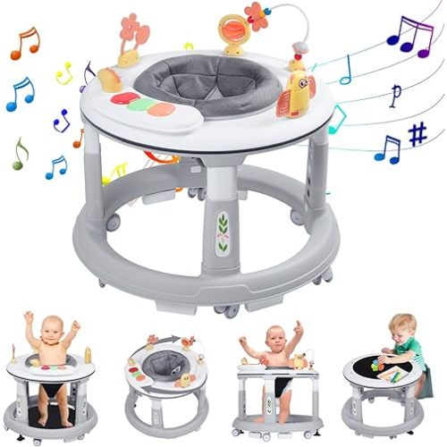 Baby Walker, 5 in 1 Walker for Baby Boy Girl 6-12 Months, Foldable Baby Walker with Wheels, Activity Center for Toddler Infant 6-18 Months with Bouncer & Learning Mode, Music, Adjustable Heights