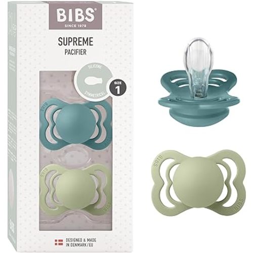 BIBS Pacifiers - Supreme Collection | Symmetrical Nipple | Silicone | Made in Denmark | Set of 2 Island Sea/Sage Color Premium Soothers | Size 0-6 Months