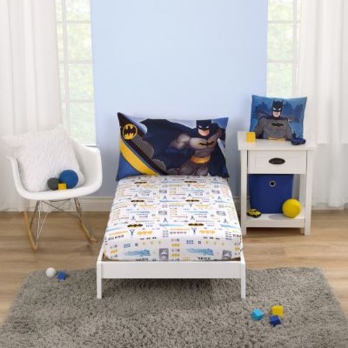 Warner Brothers Batman The Caped Crusader Blue, Gray, and Yellow 2 Piece Toddler Sheet Set - Fitted Bottom Sheet and Reversible Pillowcase