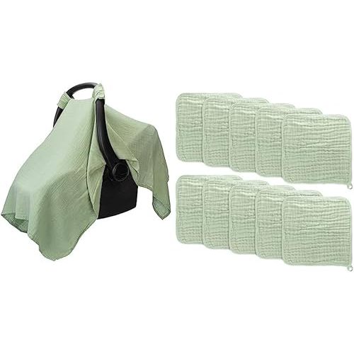 Muslin Cotton Baby Car Seat Cover and Muslin Cotton Baby Towels, Large 10”x10” Wash Cloths Bundled by Comfy Cubs