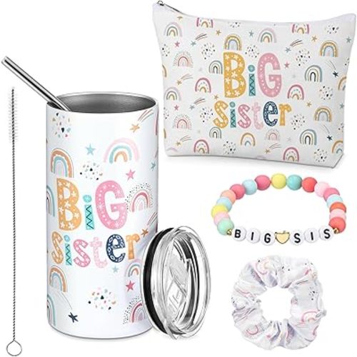 Sieral 4 Pcs Big Sister Gifts for Girls Cute Big Sister Makeup Bag 14oz Stainless Steel Tumbler Scrunchies Bracelet for Little Girls of Age 2-8 New Baby Birthday Baby Shower (Rainbow, Multicolor)