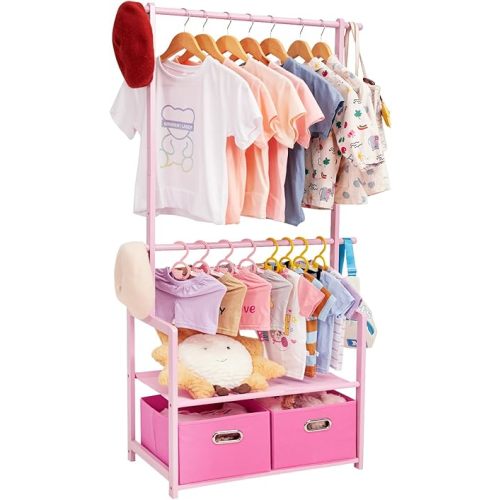 Kids Clothing Rack Bamboo with 2 Storage Baskets and 2 Adjustable Hanging Rods,Child Garment Holder with Shelf, Dress up Stand for Playroom,Toddlers Bedroom (Pink)