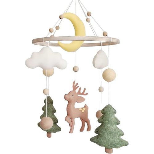 Baby Mobile for Crib - A Handmade Gender Neutral Deer Forest Crib Mobile with Felt Clouds and Trees for Jungle Theme Nursery