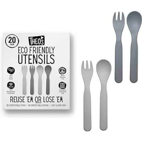 THEO'S 20 Pack Eco-Friendly Utensils for Baby & Toddler | 100% Biodegradable + Compostable 5.0"x1.2" Plant Based Spoons & Forks (10 each) | BPA Free, Dishwasher + Microwave Safe, Light & Dark Gray