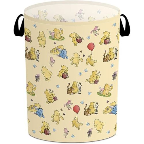 Classic Winnie the Pooh Laundry Basket, Winnie Nursery Baby Stuff, the Pooh Storage Bin, Pooh Oxford Cloth Laundry Hamper With Waterproof Pe Coating, for Bedroom Bathroom Living Room 15.7×19.6 Inch