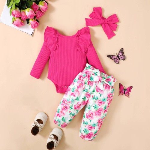 Kayannuo Baby Girl Clothes Long Sleeve Fall Winter Clearance Newborn Baby Girl Clothes Infant Outfits Ruffle Sleeve Romper Bodysuit Floral Pants Toddler Girl Outfits,Red