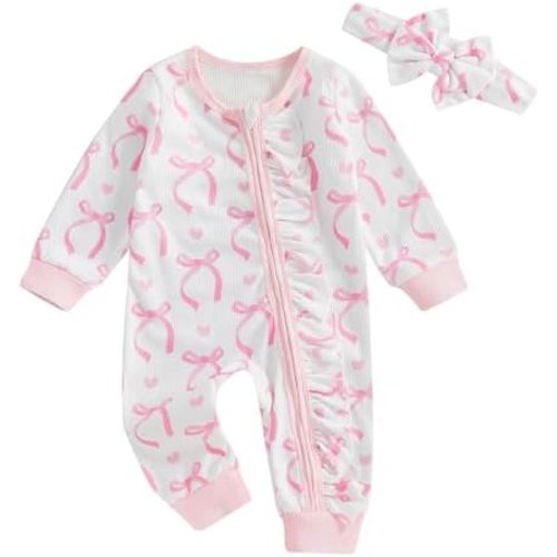 Newborn Baby Girl Fall Waffle Romper Jumpsuit Bow Print Long Sleeve Zipper Ruffle Bodysuit with Headband Clothes Set