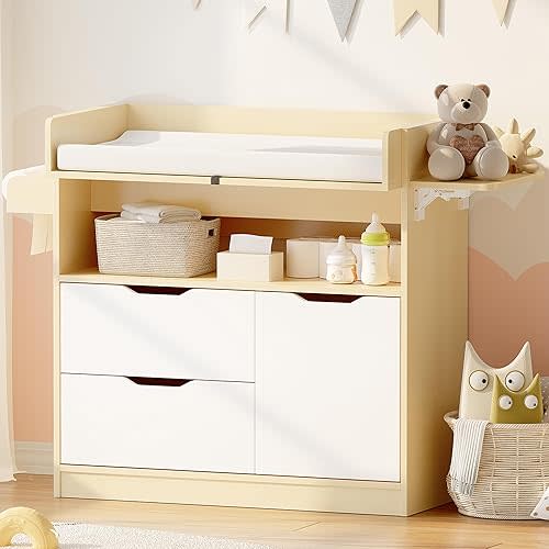 Baby Changing Table Dresser with 3 Drawers and 1 Storage Shelves, Can be Used as a Baby Dresser with Changing Table Top, a Changing Table with Drawers, a Baby Changing Station (Light Wooden and White)