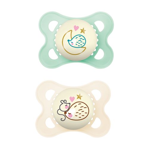 MAM Night Pacifier, 0-6 Months, Unisex, 2 Pack with Self-Sterilizing case