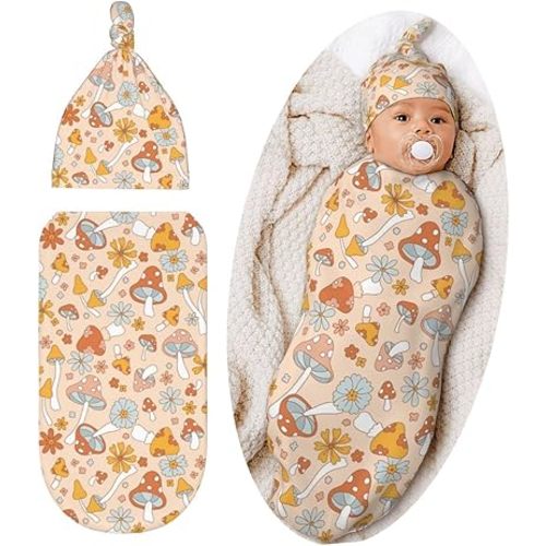 Cute Mushroom Swaddle Blanket Hat Set for Boys Girls, Soft Floral Newborn Sleeping Sack Receiving Blanket Shower Gift