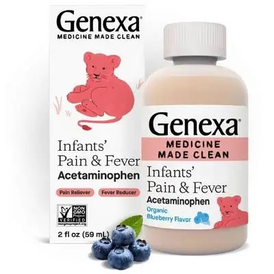 Genexa Infants' Clean Acetaminophen | Pediatrician Preferred Ingredients | Pain Reliever & Fever Reducer for Babies| Dye Free, 0% Artificial Additives | Delicious Organic Blueberry Flavor, 2 fl oz