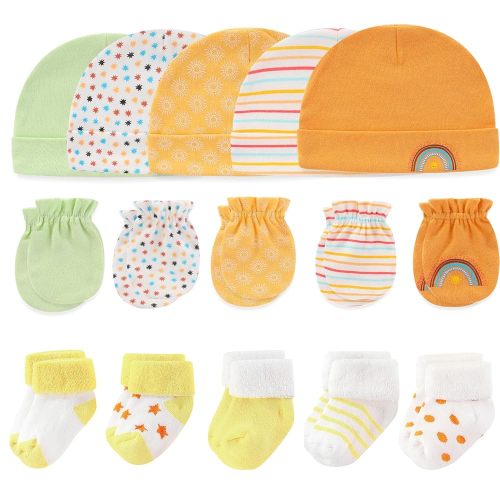 Newborn Baby Boy Girl Caps Mittens Socks Set Cotton Baby Essentials Accessories (Hats+Gloves+Socks)