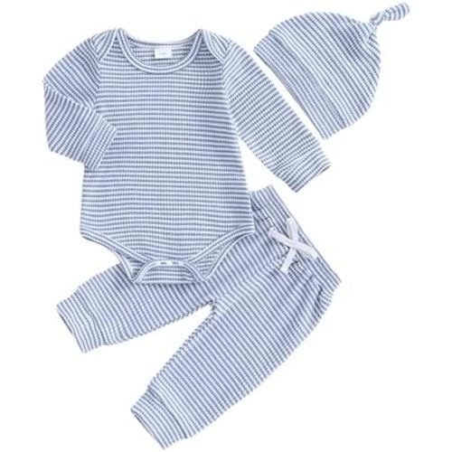 fhutpw Baby Boy Clothes 3 6 9 12 Months Striped Long Sleeve Romper Tops + Pants + Hat 3Pcs Infant Fall Winter Bodysuit Outfit
