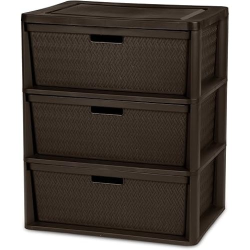 3-Drawer Wide Weave Plastic Decor Drawer Tower – Brown, Pull Handles, Concealed Storage