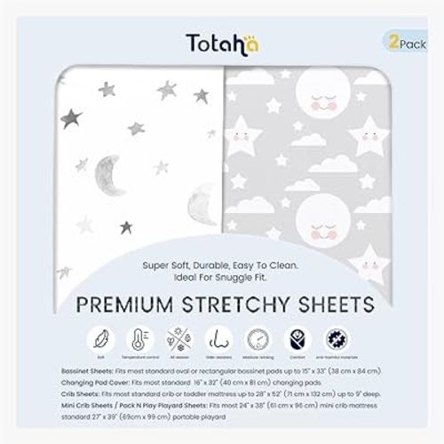 TotAha Premium Soft Bassinet Sheet for Boy Girl, Super Stretchy Jersey Knit Bassinet Fitted Sheet, Compatible with Halo, Maxi COSI, Mika Micky, SNOO, Baby Delight Mattress, 2 Pack, Moon & Grey Sky