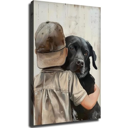 LXZNRQU Labrador Nursery Canvas Wall Decor, Boy and Dog Wall Art, Black Lab Wall Art for Toddler Boy Room Gift Ready To Hang (Wrapped Canvas,08×12 inch)