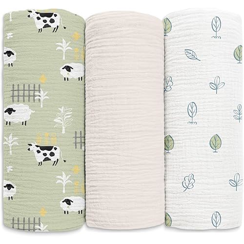 Muslin Swaddle Blankets for Newborn, 3 Pack Breathable Soft Receiving Blanket, Large 38 x 40 inches Swaddle Wrap Burping Clothes Diapers, Essentials Infant Shower Items, Toddler Gift (Cute Farm)