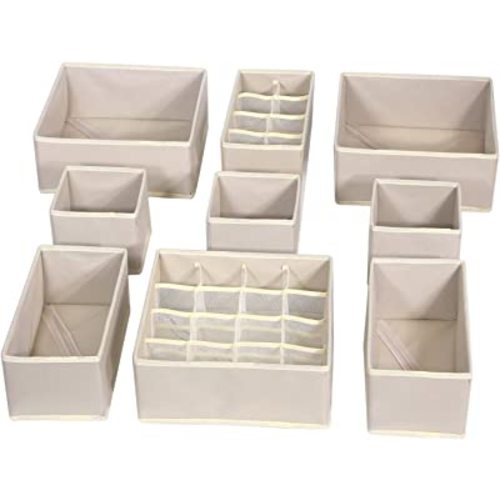 9 Pack Foldable Drawer Organizer Dividers Cloth Storage Box Closet Dresser Organizer Cube Fabric Containers Basket Bins for Underwear Bras Socks Panties Lingeries Nursery Baby Clothes Beige