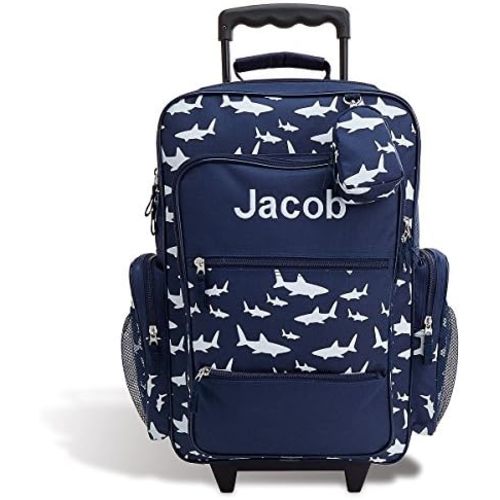 Lillian Vernon Personalized Rolling Luggage for Kids, 5-Pocket Shark Suitcase Set With Clip-On Pouch, Customizable Boys Travel Carrier on Wheels, 6W x 15.5L x 23”H