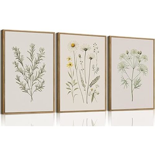 Wodkwq 3 Piece Vintage Wildflower Canvas Wall Art|Framed,Neutral Botanical Wall Decor,Watercolor Plant Pictures,Yellow Floral Art Minimalist Prints,Farmhouse Artwork for Living Room,Bedroom,Office 12x16in