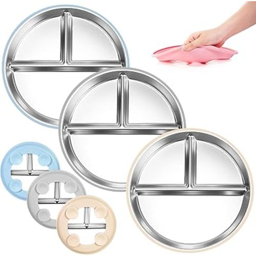 Bella's Friends Stainless Steel Kids Plates Suction Plate for Baby,Toddler Plates Non-Toxic Divided,Food-Grade Silicone Baby Plates,Dishwasher Safe,3 Packs,Blue Grey Beige