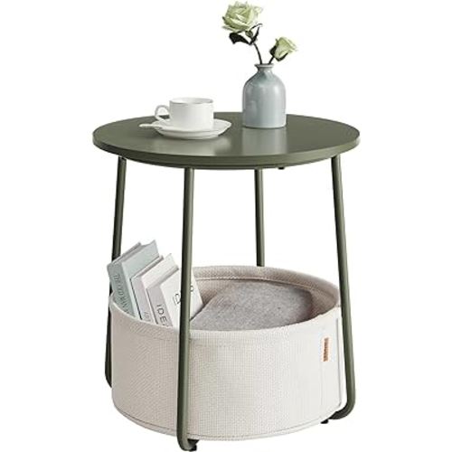 VASAGLE Small Round Side End Table, Modern Nightstand with Fabric Basket, Bedside Table for Living Room Bedroom, Forest Green and Cream White ULET223C80