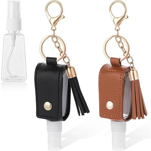 2 Pcs Hand Sanitizer Holder Travel Size, 1oz/30ml Small Squeeze Bottle with Keychain Portable Empty Travel Bottles Hand Refillable Containers for Liquid Storage(Black+Brown)