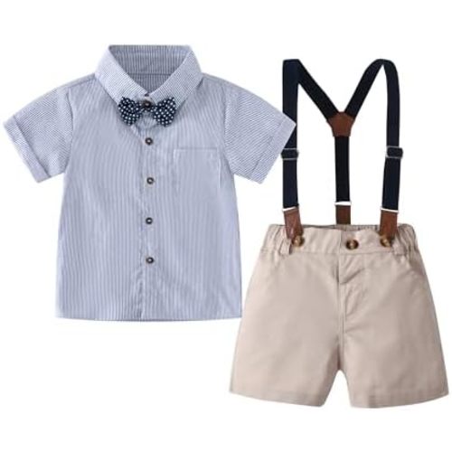 Baby Boys Gentleman Shorts Sets, Infant Outfits Suits, Shirt+Shorts+Bow Tie+Suspenders