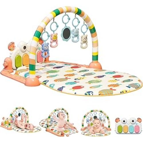 dearlomum Baby Play Mat Baby Gym, Piano Tummy Time Baby Activity Gym Mat with 5 Infant Learning Sensory Baby Toys, Music and Lights Boy & Girl Gifts for Newborn Baby 0 to 3 6 9 12 Months(Orange)