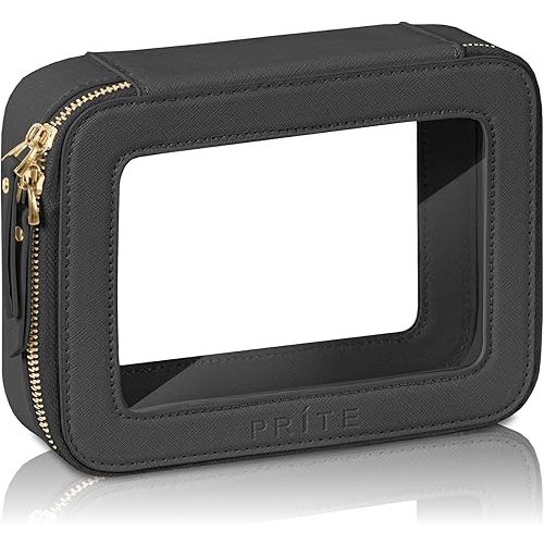 Prite Clear Makeup Bag Cosmetic Organizer Case Waterproof Travel Toiletry Bag Skincare Pouch with Golden Zipper(Black)