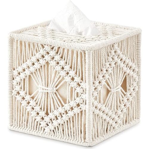 Mkono Tissue Box Cover Macrame Square Open-Bottom Tissue Box Holder Boho Decor Tissue Organizer Bohemian Handmade Woven Tissue Cube Box for Bathroom Bedroom Dresser Living Room Office Dorm