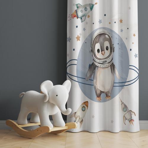 Space Themed Baby Boy Room Curtain, Penguin Nursery Curtains, Window Curtains, Astronaut Animal Curtain, Space Decor Drapes For Nursery