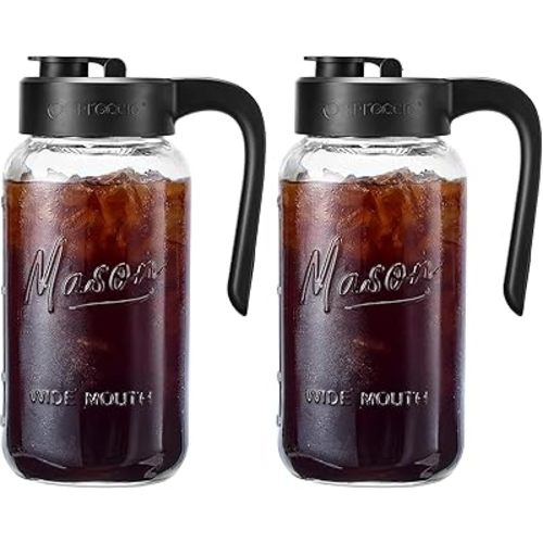 Mason Jar Pitcher - Airtight & Leakproof Glass Pitcher with Lid[set of 2], Perfect for Breastmilk, Cold Brew, and Sun Tea, 2 Quart (64 oz) Mason Jar with Pour Spout Lid