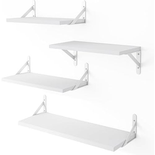 YGEOMER Floating Shelves for Wall, White Wall Shelves Different Sizes, Wall Mounted Wood Shelf for Living Room, Bathroom, Bedroom, Kitchen, Home Decor (Set of 4)