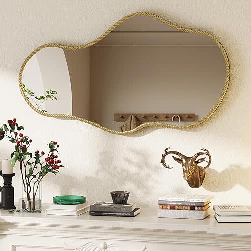 Modern Irregular Wall Mirror 21x36 Inches, Asymmetrical Decorative Wooden Mirrors for Bathroom, Living Room, Bedroom, Entryway